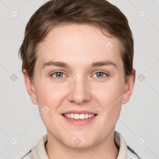 Joyful white young-adult female with short  brown hair and grey eyes