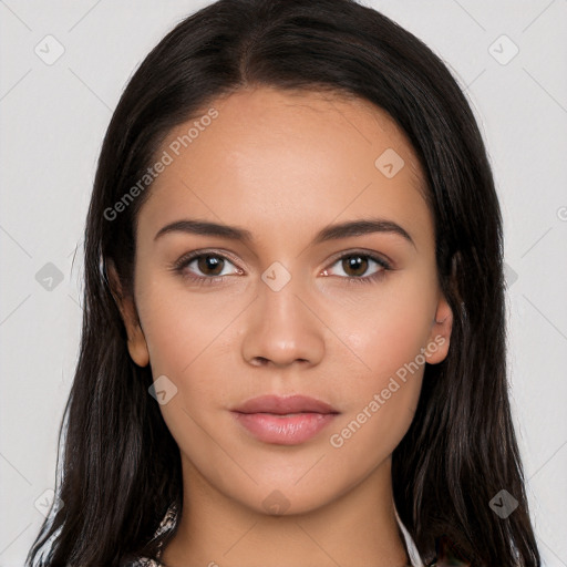 Neutral white young-adult female with long  black hair and brown eyes