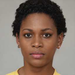 Neutral black young-adult female with short  black hair and brown eyes