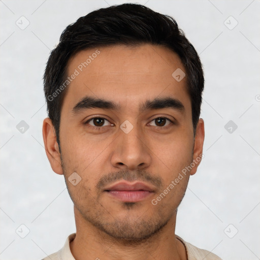 Neutral latino young-adult male with short  black hair and brown eyes