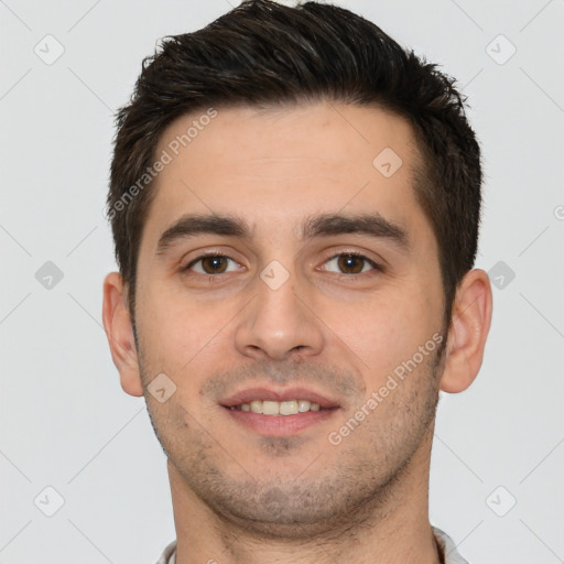 Joyful white young-adult male with short  brown hair and brown eyes