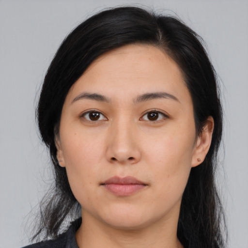 Neutral asian young-adult female with medium  black hair and brown eyes