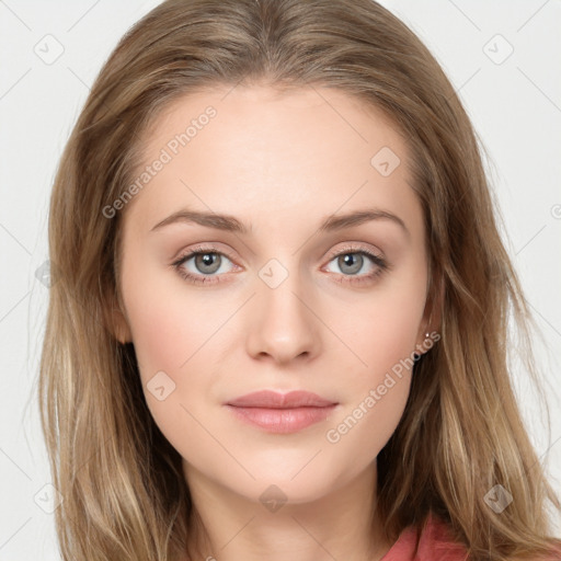 Neutral white young-adult female with long  brown hair and grey eyes