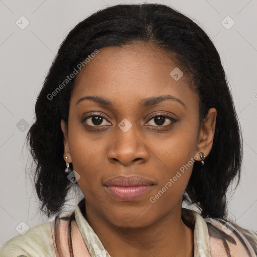 Joyful latino young-adult female with long  black hair and brown eyes