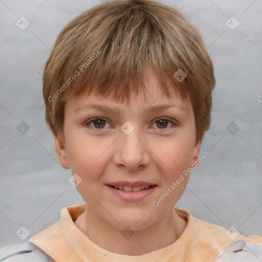 Joyful white child female with short  brown hair and brown eyes