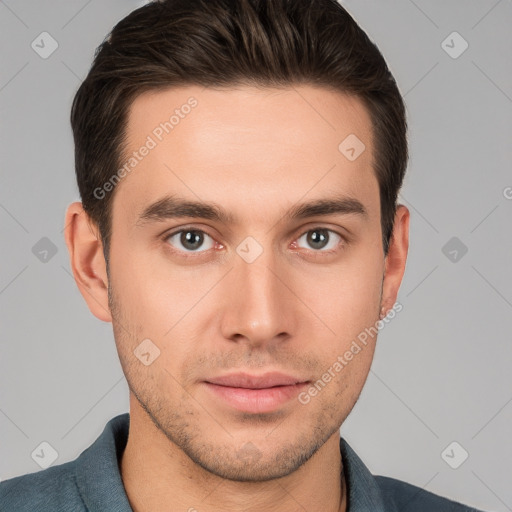 Neutral white young-adult male with short  brown hair and brown eyes