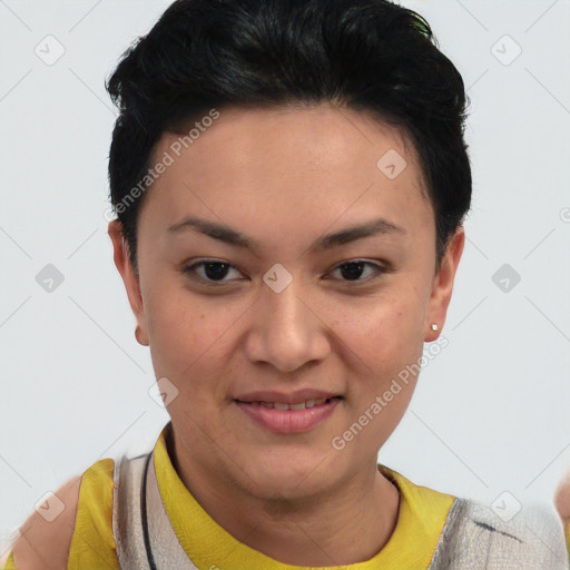 Joyful asian young-adult female with short  black hair and brown eyes