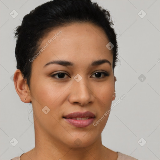 Joyful latino young-adult female with short  brown hair and brown eyes