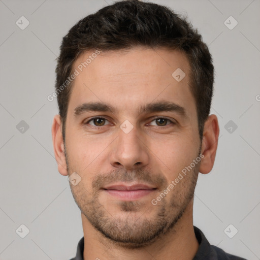 Neutral white young-adult male with short  brown hair and brown eyes