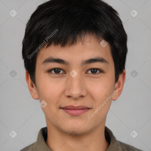 Joyful asian young-adult male with short  black hair and brown eyes