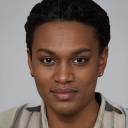 Neutral black young-adult female with short  black hair and brown eyes