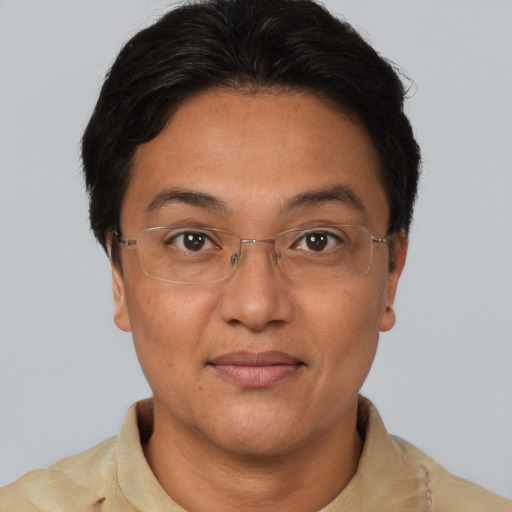 Joyful asian adult female with short  brown hair and brown eyes