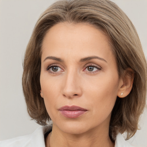 Neutral white young-adult female with medium  brown hair and grey eyes