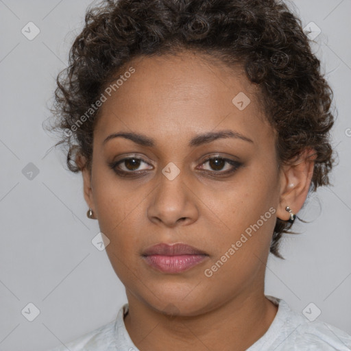 Neutral white young-adult female with short  brown hair and brown eyes