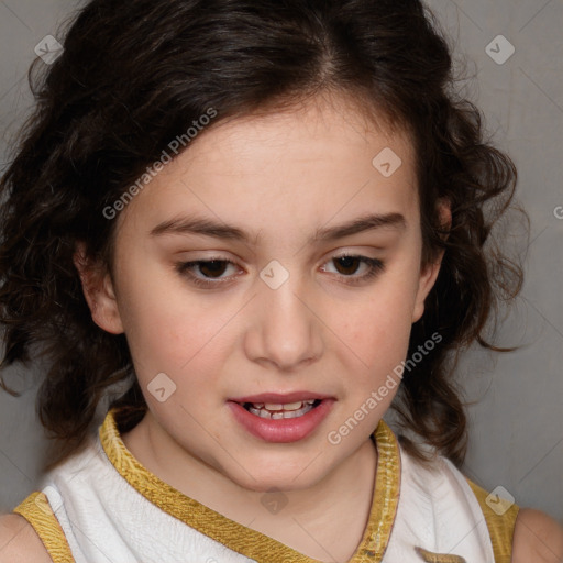 Joyful white child female with medium  brown hair and brown eyes