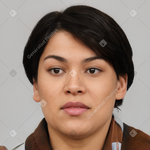 Neutral asian young-adult female with short  brown hair and brown eyes