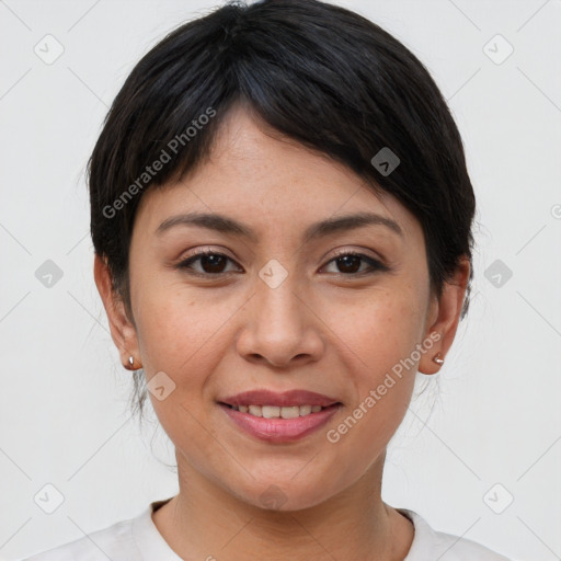 Joyful asian young-adult female with short  brown hair and brown eyes