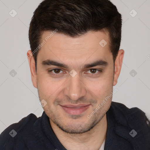 Joyful white young-adult male with short  brown hair and brown eyes