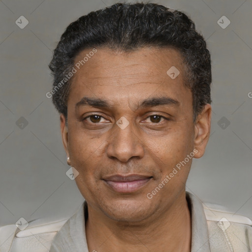 Joyful black adult male with short  black hair and brown eyes