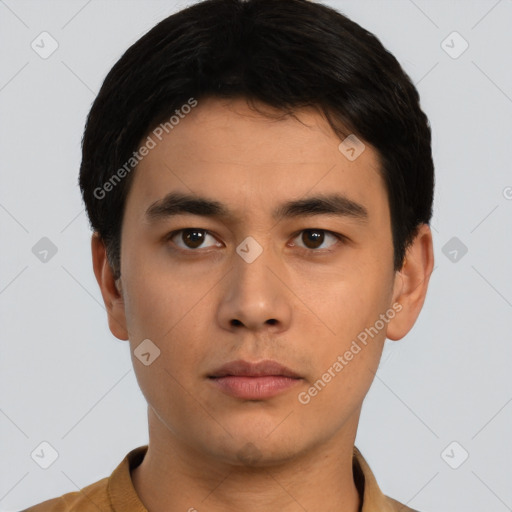 Neutral asian young-adult male with short  black hair and brown eyes