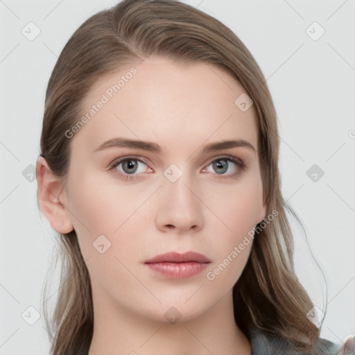 Neutral white young-adult female with long  brown hair and grey eyes