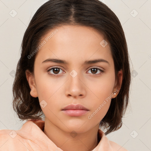 Neutral white young-adult female with medium  brown hair and brown eyes