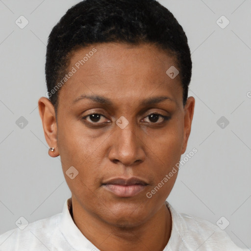 Neutral black young-adult female with short  black hair and brown eyes