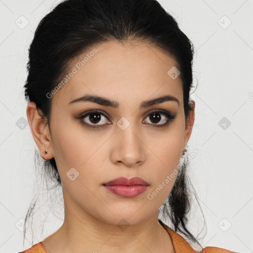 Neutral latino young-adult female with medium  black hair and brown eyes