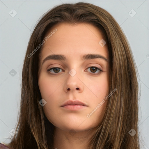 Neutral white young-adult female with long  brown hair and brown eyes