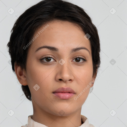 Neutral white young-adult female with short  brown hair and brown eyes