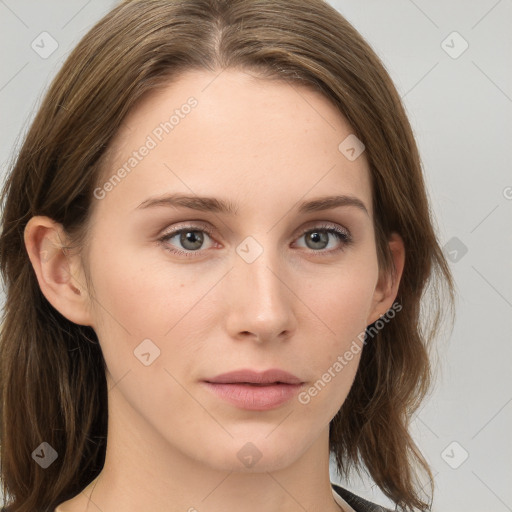 Neutral white young-adult female with long  brown hair and grey eyes