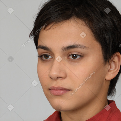 Neutral white young-adult female with medium  brown hair and brown eyes