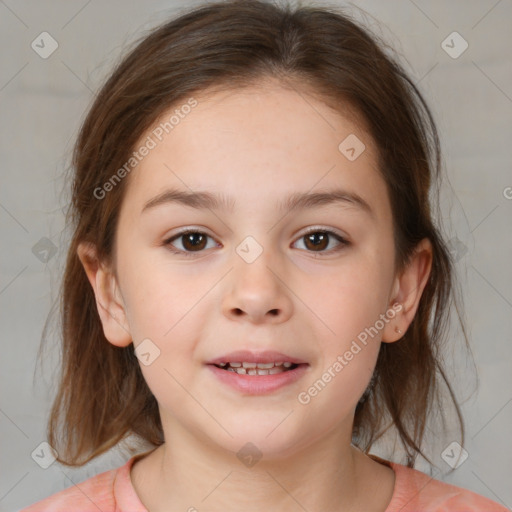 Joyful white child female with medium  brown hair and brown eyes