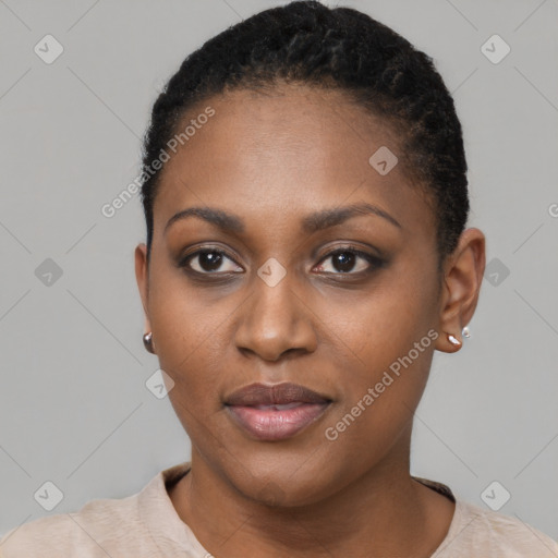 Neutral black young-adult female with short  black hair and brown eyes