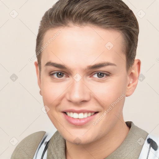 Joyful white young-adult female with short  brown hair and brown eyes