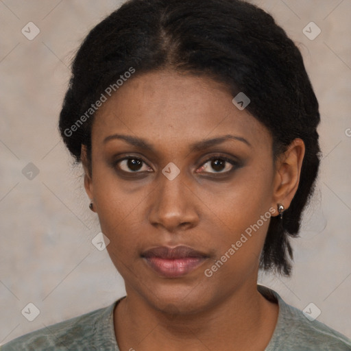 Neutral black young-adult female with medium  black hair and brown eyes