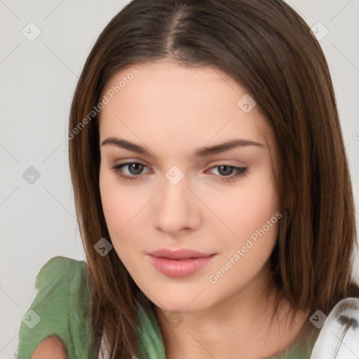 Neutral white young-adult female with medium  brown hair and brown eyes