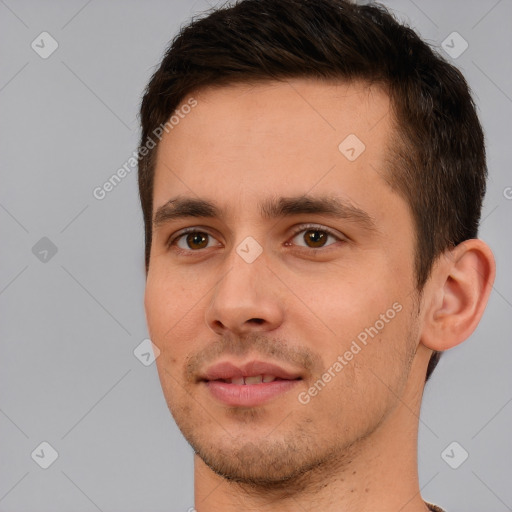 Neutral white young-adult male with short  brown hair and brown eyes