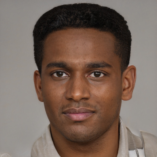 Neutral black young-adult male with short  black hair and brown eyes
