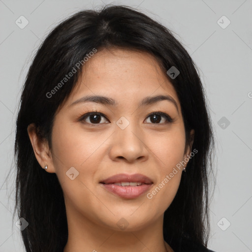 Joyful asian young-adult female with long  brown hair and brown eyes