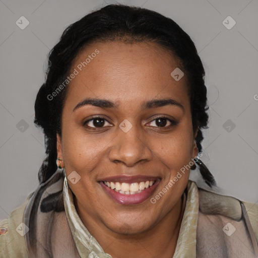 Joyful black adult female with short  brown hair and brown eyes