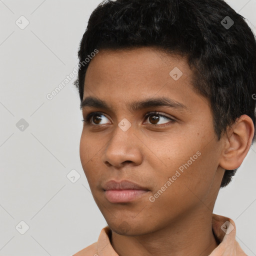 Neutral latino young-adult male with short  black hair and brown eyes