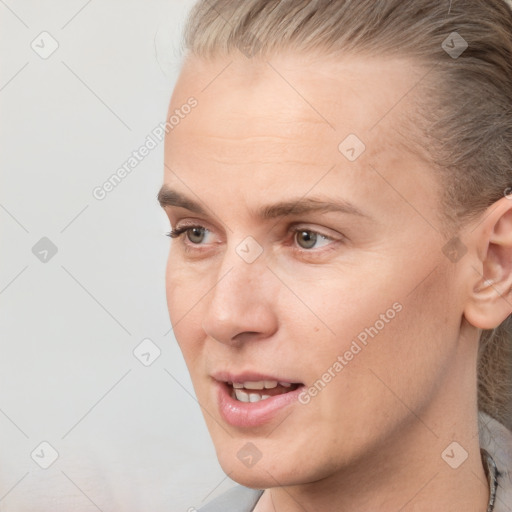 Neutral white young-adult female with medium  brown hair and brown eyes