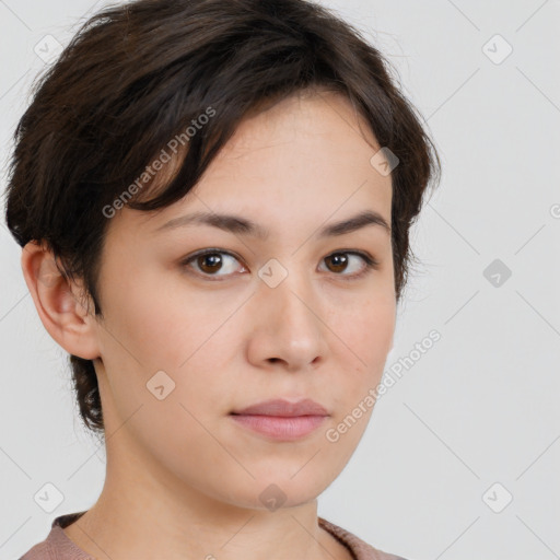 Neutral white young-adult female with short  brown hair and brown eyes