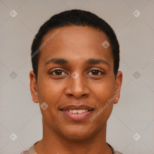 Joyful black young-adult male with short  brown hair and brown eyes