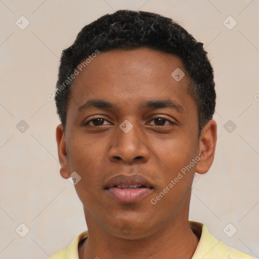 Neutral black young-adult male with short  black hair and brown eyes