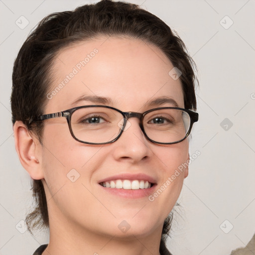 Joyful white young-adult female with medium  brown hair and grey eyes