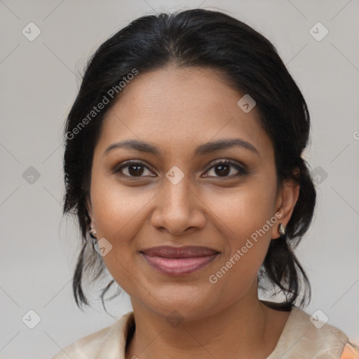 Joyful latino young-adult female with medium  brown hair and brown eyes