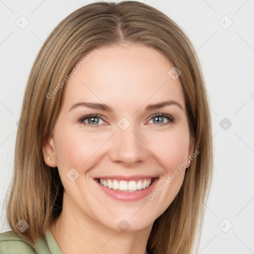 Joyful white young-adult female with long  brown hair and green eyes