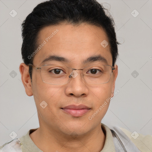 Joyful asian young-adult male with short  brown hair and brown eyes